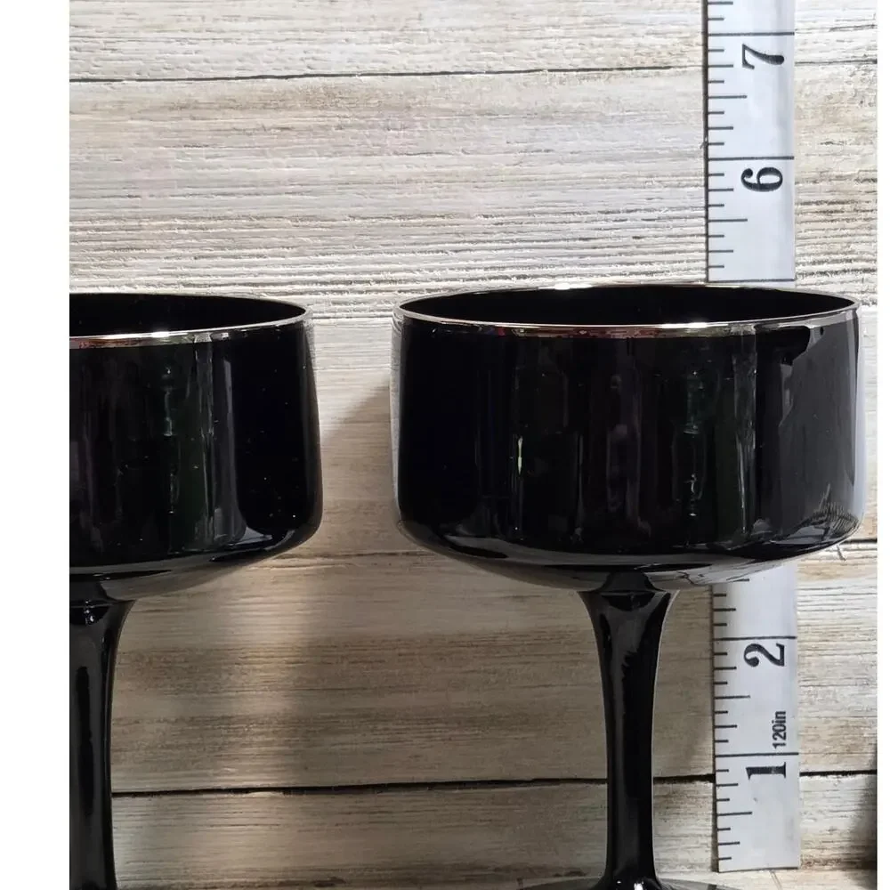 Lenox Venture Black Champagne Sherbet Glasses Pair Platinum Rim Vintage USA